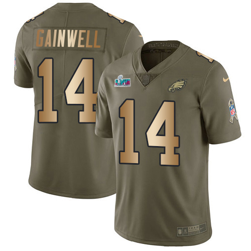 Eagles #14 Kenneth Gainwell Olive/Gold Super Bowl LVII Patch Men's Stitched Limited 2017 Salute To Service Jersey