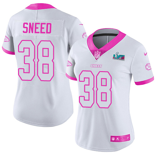 Chiefs #38 L'Jarius Sneed White/Pink Super Bowl LVII Patch Women's Stitched Limited Rush Fashion Jersey