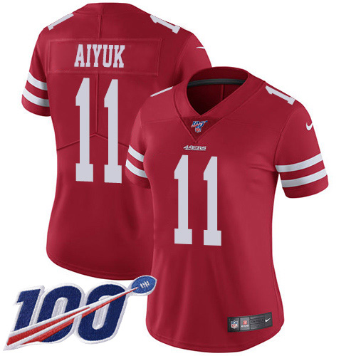 San Francisco 49ers #11 Brandon Aiyuk Red Team Color Women's Stitched 100th Season Vapor Untouchable Limited Jersey Womens