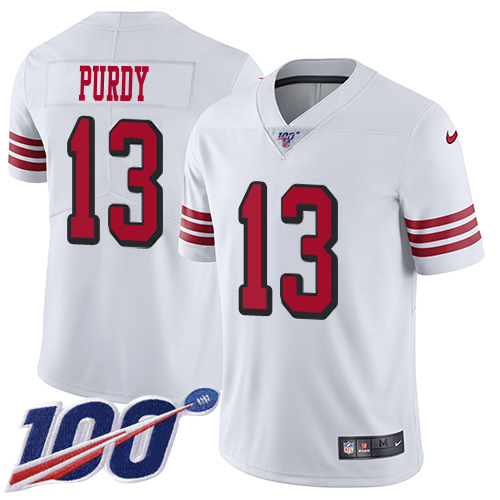 49ers #13 Brock Purdy White Rush Men's Stitched Limited 100th Season Jersey