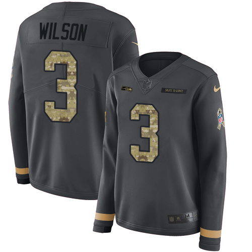 Seattle Seahawks #3 Russell Wilson Anthracite Salute to Service Women's Stitched Limited Therma Long Sleeve Jersey Womens