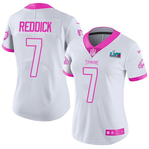 Eagles #7 Haason Reddick White/Pink Super Bowl LVII Patch Women's Stitched Limited Rush Fashion Jersey