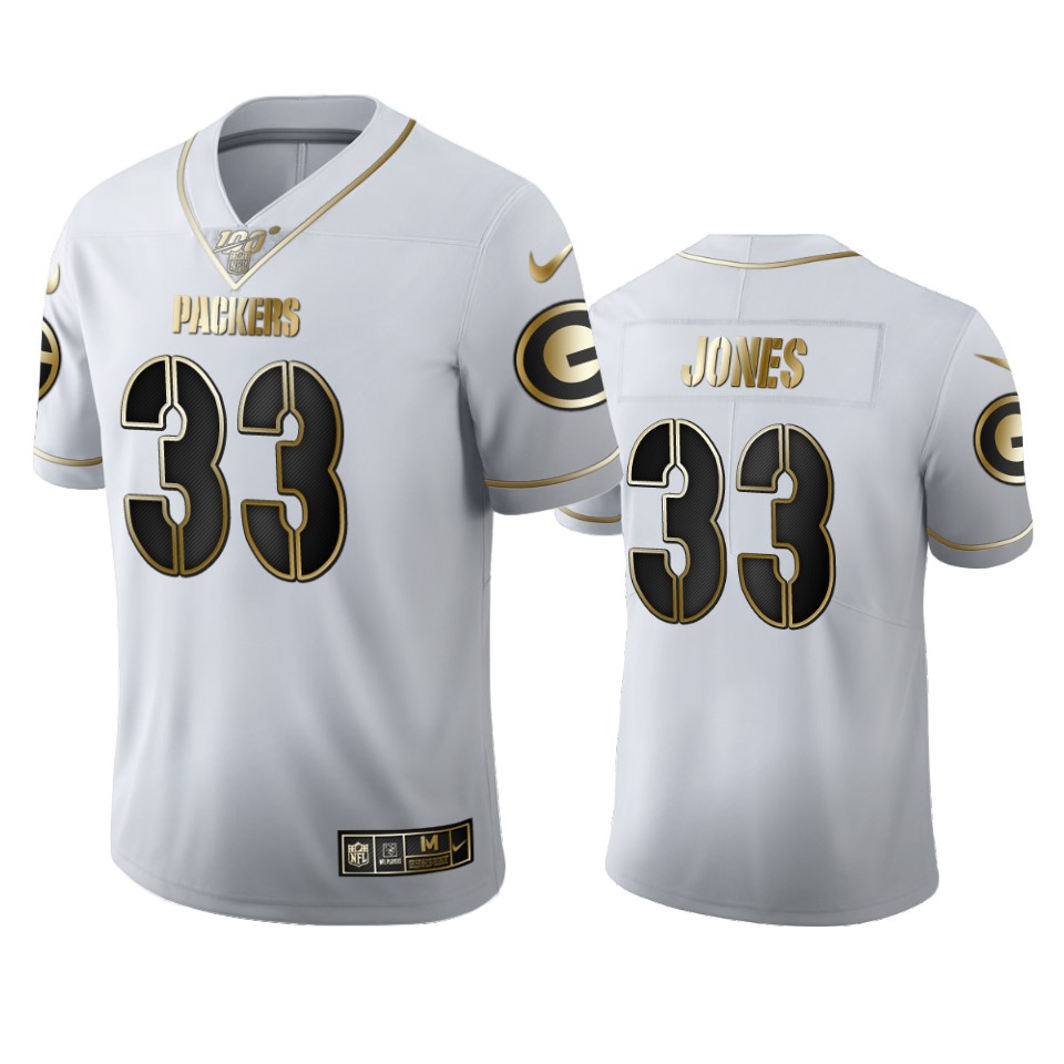 Green Bay Packers #33 Aaron Jones Men's White Golden Edition Vapor Limited 100 Jersey