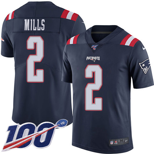 Patriots #2 Jalen Mills Navy Blue Youth Stitched Limited Rush 100th Season Jersey