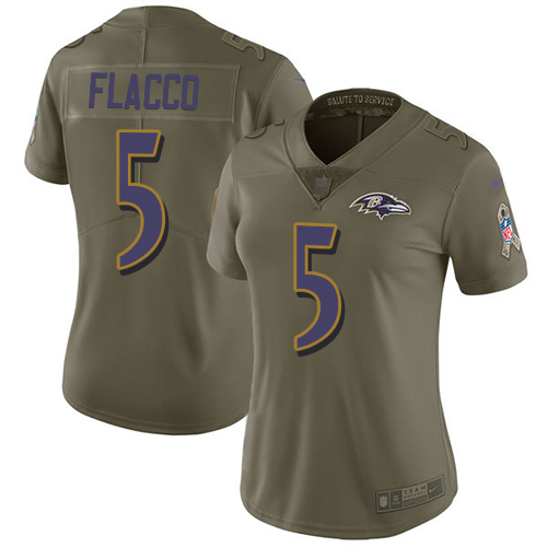 Baltimore Ravens #5 Joe Flacco Olive Women's Stitched Limited 2017 Salute to Service Jersey Womens