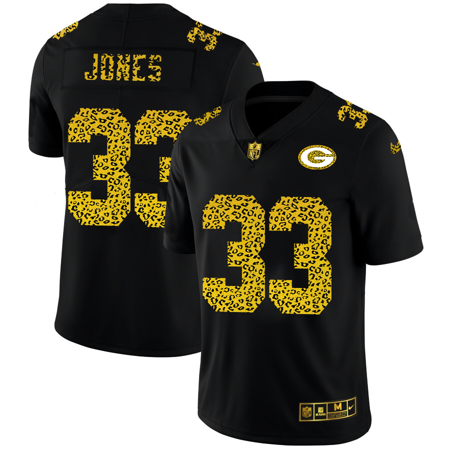 Green Bay Packers #33 Aaron Jones Men's Leopard Print Fashion Vapor Limited Jersey Black