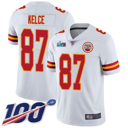 Chiefs #87 Travis Kelce White Super Bowl LVII Patch Men's Stitched 100th Season Vapor Limited Jersey