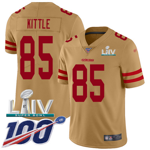 49ers #85 George Kittle Gold Super Bowl LIV 2020 Youth Stitched Limited Inverted Legend 100th Season Jersey