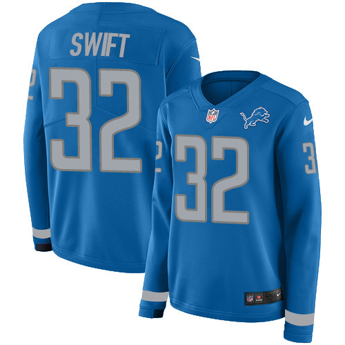 Detroit Lions #32 D'Andre Swift Blue Team Color Women's Stitched Limited Therma Long Sleeve Jersey Womens