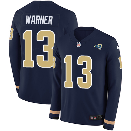 Los Angeles Rams #13 Kurt Warner Navy Blue Team Color Men's Stitched Limited Therma Long Sleeve Jersey Men's