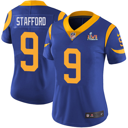 Rams #9 Matthew Stafford Royal Blue Alternate Super Bowl LVI Patch Women's Stitched Vapor Untouchable Limited Jersey