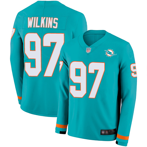 Miami Dolphins #97 Christian Wilkins Aqua Green Team Color Youth Stitched Limited Therma Long Sleeve Jersey Youth