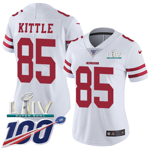 49ers #85 George Kittle White Super Bowl LIV 2020 Women's Stitched 100th Season Vapor Limited Jersey