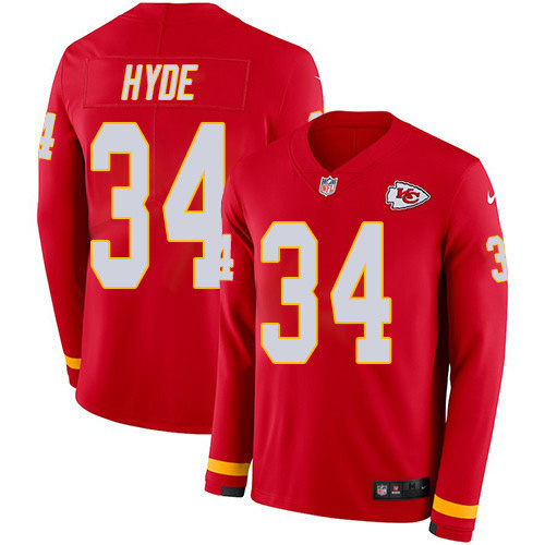 Kansas City Chiefs #34 Carlos Hyde Red Team Color Men's Stitched Limited Therma Long Sleeve Jersey Men's