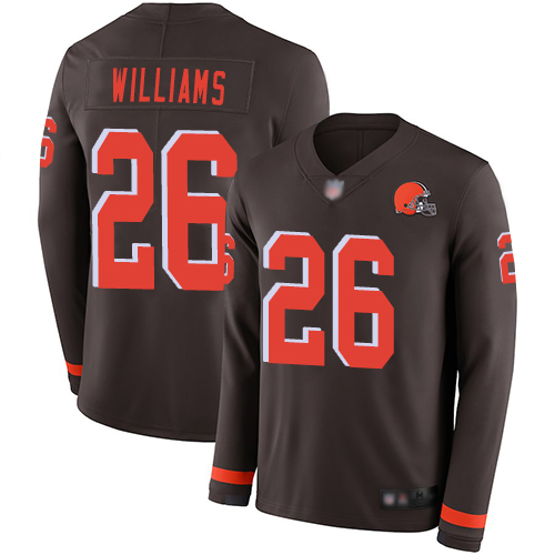 Cleveland Browns #26 Greedy Williams Brown Team Color Men's Stitched Limited Therma Long Sleeve Jersey Men's