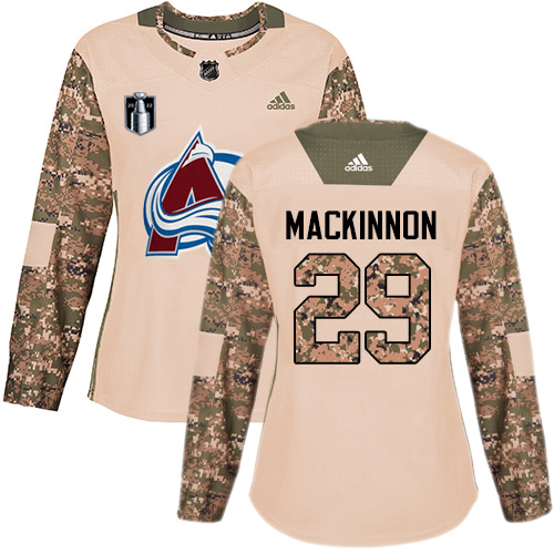 Adidas Colorado Avalanche #29 Nathan MacKinnon Camo Women's 2022 Stanley Cup Final Patch Authentic Veterans Day Stitched Jersey Womens