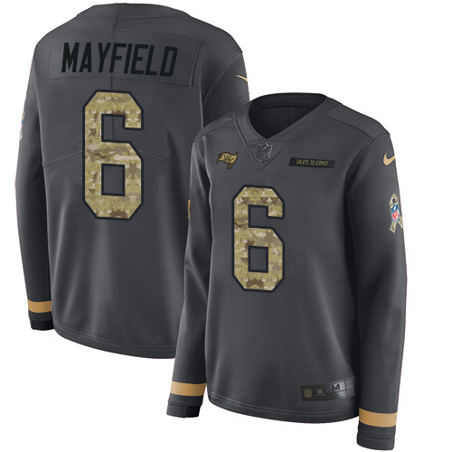 Buccaneers #6 Baker Mayfield Anthracite Salute To Service Women's Stitched Limited Therma Long Sleeve Jersey
