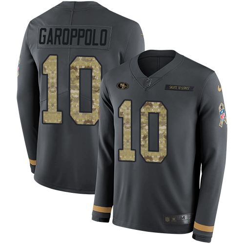 49ers #10 Jimmy Garoppolo Anthracite Salute To Service Men's Stitched Limited Therma Long Sleeve Jersey