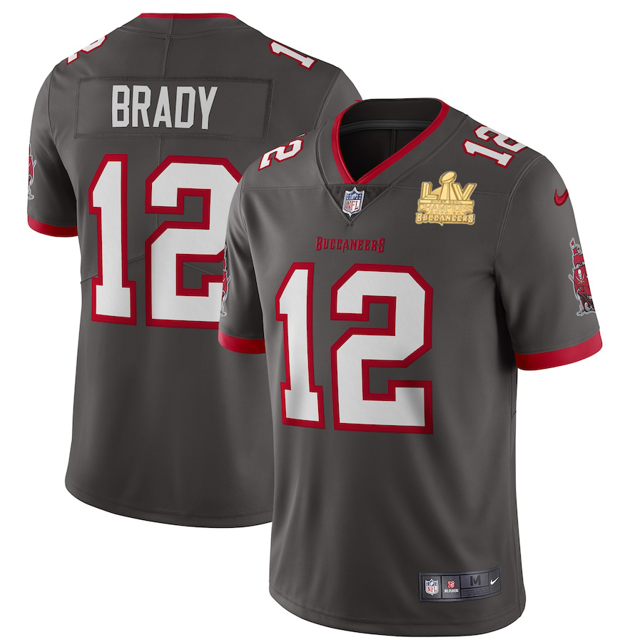 Tampa Bay Buccaneers #12 Tom Brady Youth Super Bowl LV Champions Patch Pewter Alternate Vapor Limited Jersey