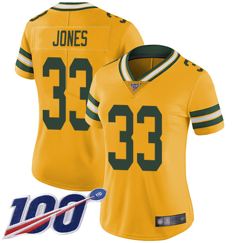 Packers #33 Aaron Jones Yellow Women's Stitched Limited Rush 100th Season Jersey