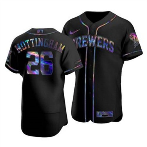 Milwaukee Milwaukee Brewers #26 Jacob Nottingham Men's Iridescent Holographic Collection Jersey - Black Men's
