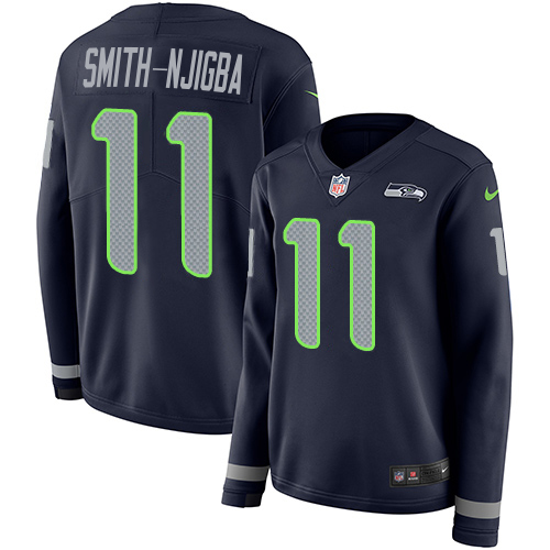 Seahawks #11 Jaxon Smith-Njigba Steel Blue Team Color Women's Stitched Limited Therma Long Sleeve Jersey