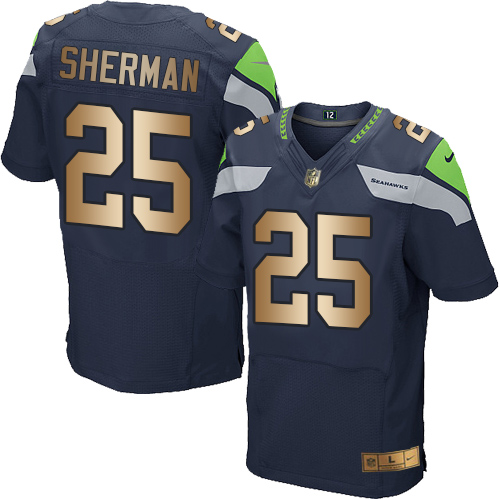 Seattle Seahawks #25 Richard Sherman Steel Blue Team Color Men's Stitched Elite Gold Jersey Men's