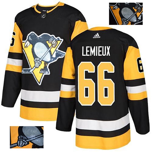 Adidas Pittsburgh Penguins #66 Mario Lemieux Black Home Authentic Fashion Gold Stitched Jersey Men's