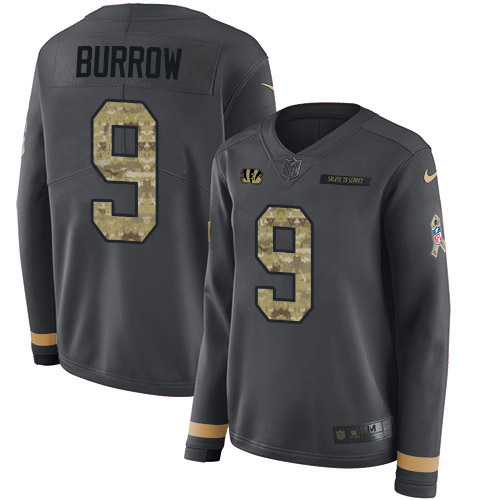 Bengals #9 Joe Burrow Anthracite Salute To Service Women's Stitched Limited Therma Long Sleeve Jersey