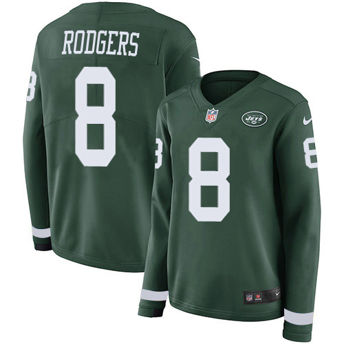 Jets #8 Aaron Rodgers Green Team Color Women's Stitched Limited Therma Long Sleeve Jersey