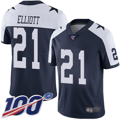 Cowboys #21 Ezekiel Elliott Navy Blue Thanksgiving Men's Stitched 100th Season Vapor Throwback Limited Jersey
