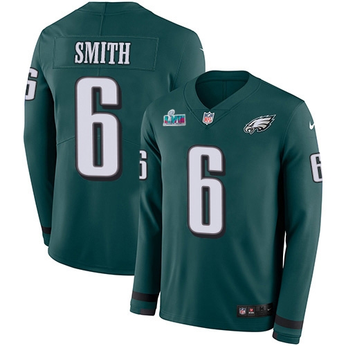Eagles #6 DeVonta Smith Green Super Bowl LVII Patch Team Color Men's Stitched Limited Therma Long Sleeve Jersey