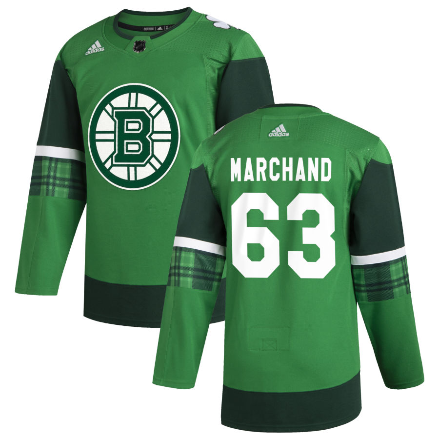 Boston Bruins #63 Brad Marchand Men's Adidas 2020 St. Patrick's Day Stitched Jersey Green