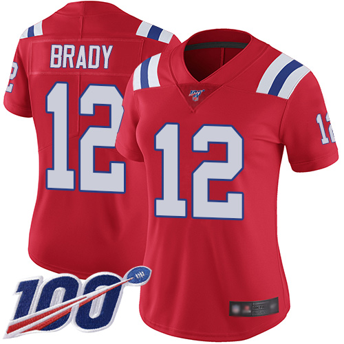 Patriots #12 Tom Brady Red Alternate Women's Stitched 100th Season Vapor Limited Jersey