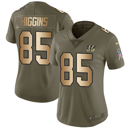 Bengals #85 Tee Higgins Olive/Gold Women's Stitched Limited 2017 Salute To Service Jersey
