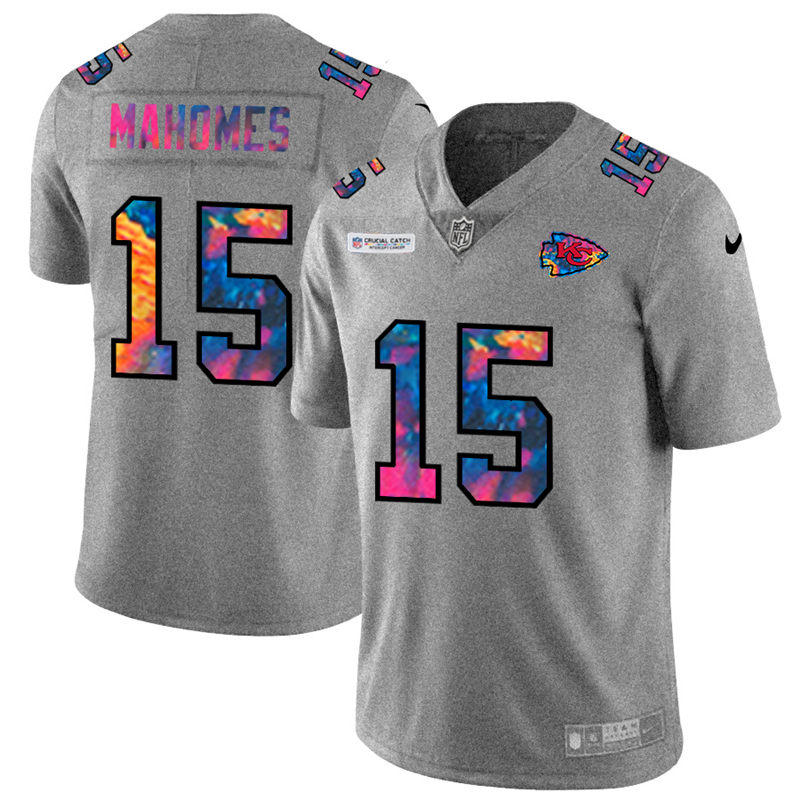 Kansas City Chiefs #15 Patrick Mahomes Men's Multi-Color 2020 Crucial Catch Jersey Greyheather