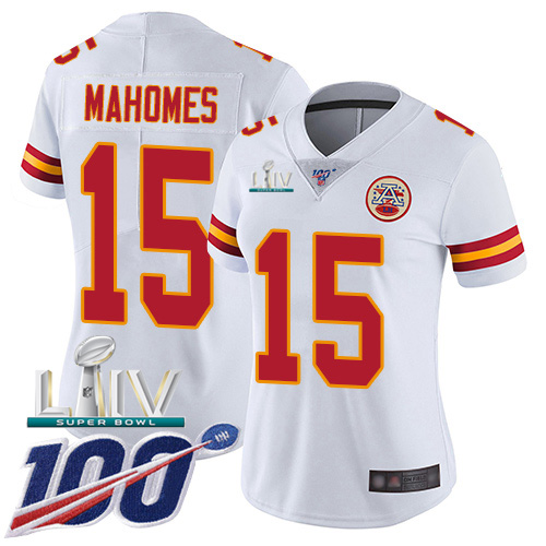 Chiefs #15 Patrick Mahomes White Super Bowl LIV 2020 Women's Stitched 100th Season Vapor Untouchable Limited Jersey