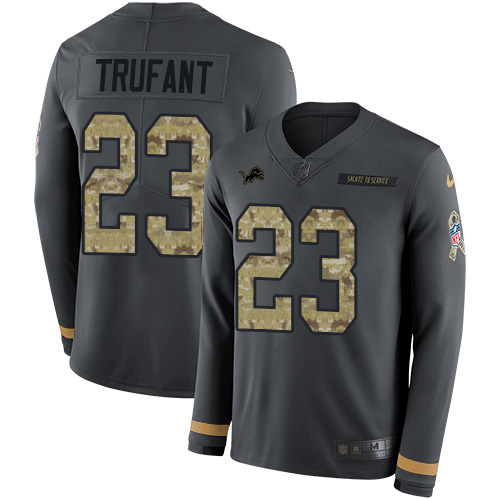 Detroit Lions #23 Desmond Trufant Anthracite Salute to Service Youth Stitched Limited Therma Long Sleeve Jersey Youth