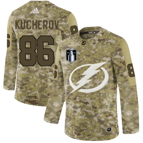 Adidas Tampa Bay Lightning #86 Nikita Kucherov Camo 2022 Stanley Cup Final Patch Authentic Stitched Jersey Men's