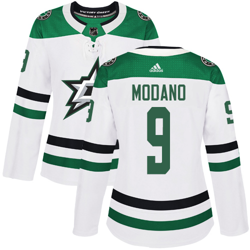 Adidas Dallas Stars #9 Mike Modano White Road Authentic Women's Stitched Jersey Womens