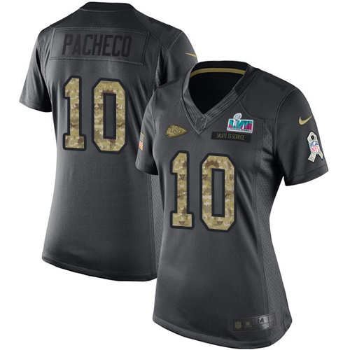 Chiefs #10 Isiah Pacheco Black Super Bowl LVII Patch Women's Stitched Limited 2016 Salute To Service Jersey