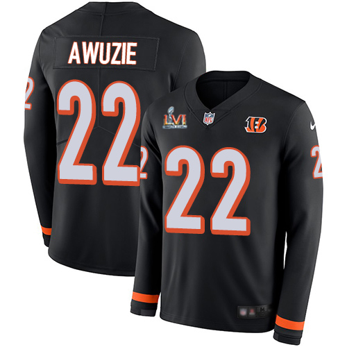 Cincinnati Bengals #22 Chidobe Awuzie Black Team Color Super Bowl LVI Patch Men's Stitched Limited Therma Long Sleeve Jersey Men's