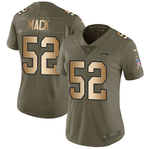 Chargers #52 Khalil Mack Olive/Gold Women's Stitched Limited 2017 Salute To Service Jersey