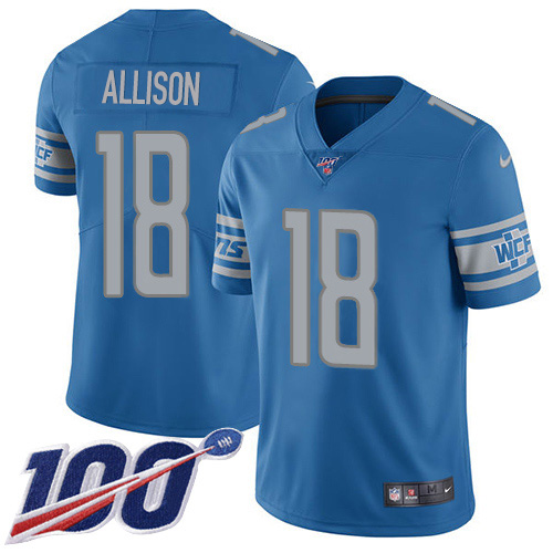 Detroit Lions #18 Geronimo Allison Blue Team Color Youth Stitched 100th Season Vapor Untouchable Limited Jersey Youth