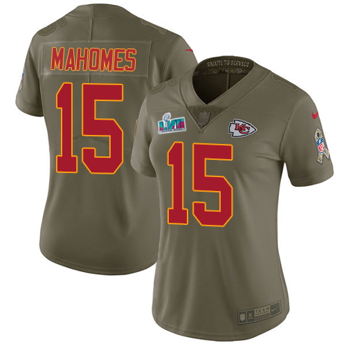 Chiefs #15 Patrick Mahomes Olive Super Bowl LVII Patch Women's Stitched Limited 2017 Salute To Service Jersey