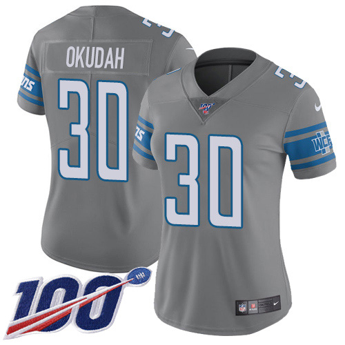 Detroit Lions #30 Jeff Okudah Gray Women's Stitched Limited Rush 100th Season Jersey Womens