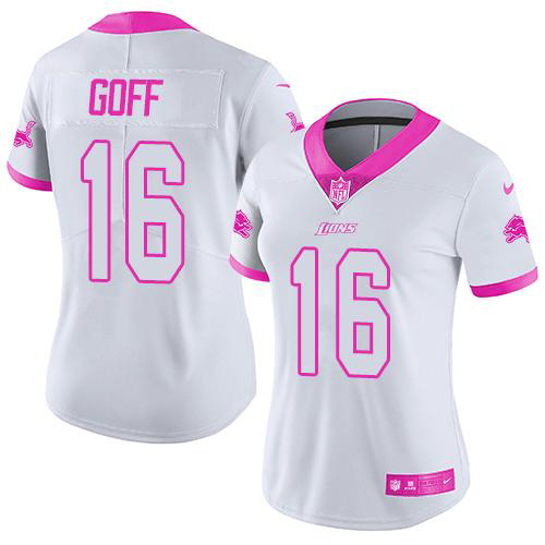 Detroit Lions #16 Jared Goff White/Pink Women's Stitched Limited Rush Fashion Jersey