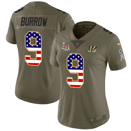 Bengals #9 Joe Burrow Olive/USA Super Bowl LVI Patch Flag Women's Stitched Limited 2017 Salute To Service Jersey