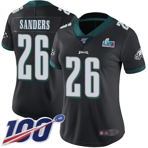 Eagles #26 Miles Sanders Black Super Bowl LVII Patch Alternate Women's Stitched 100th Season Vapor Limited Jersey