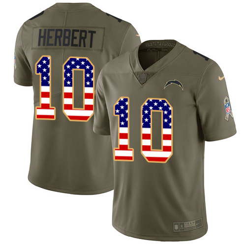 Chargers #10 Justin Herbert Olive/USA Flag Youth Stitched Limited 2017 Salute To Service Jersey